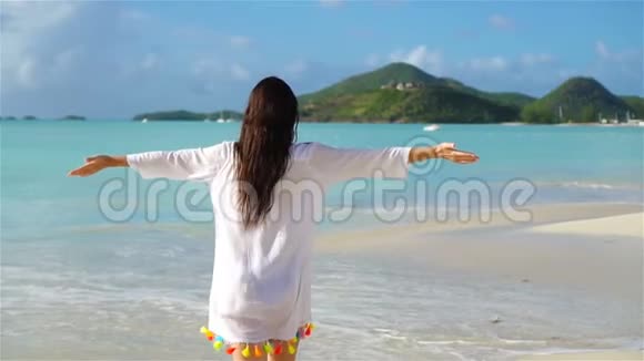快乐的旅游女孩享受她的海滩假期流动人口视频的预览图
