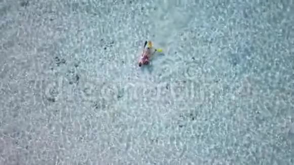 两名女潜水员正在异国海岛周围探索海洋床高角度拍摄海洋水的壮丽景色视频的预览图