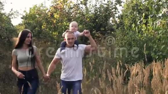 父母和儿子一起在苹果园散步视频的预览图