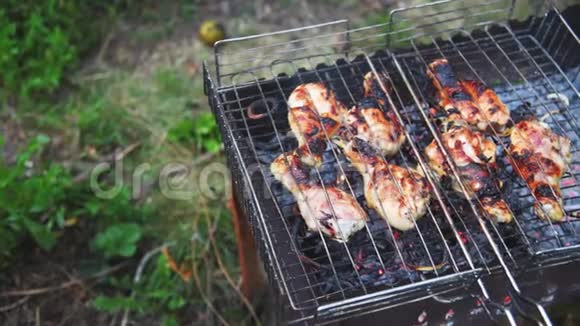 晚上用木炭烤的烤架烤着脆脆的鸡腿视频的预览图