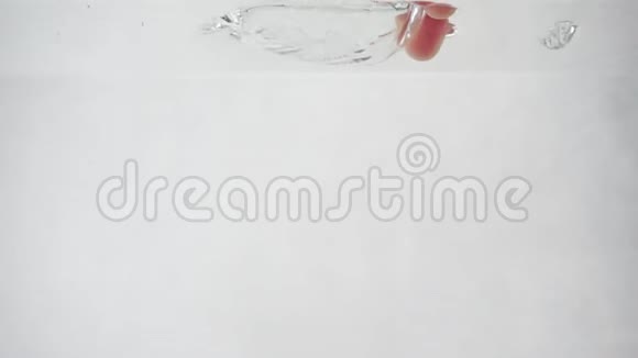 倒翁浸入水中水充满玻璃在白色背景上缓慢运动视频的预览图