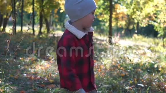 快乐有趣的小男孩跑秋天公园视频的预览图