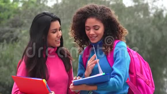 快乐的女孩子带着笔记本视频的预览图