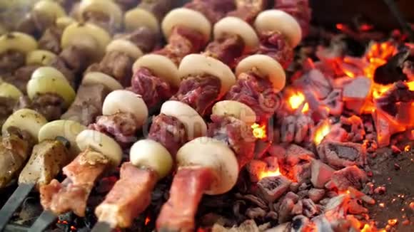 用猪肉烤串烤串用煤块炒快关门木炭和火焰烧烤野餐街头食品视频的预览图