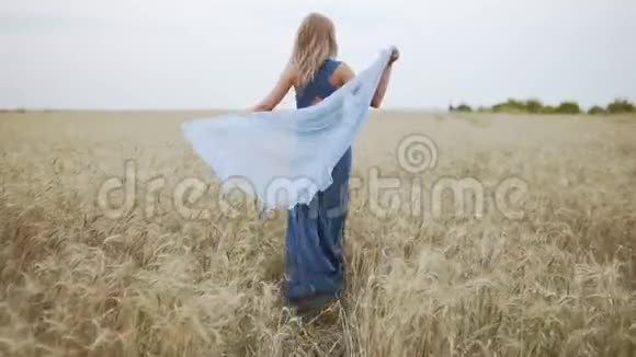 一个穿着蓝色长裙子的年轻女子手里拿着一条披肩穿着金色麦田她的背影很迷人视频的预览图