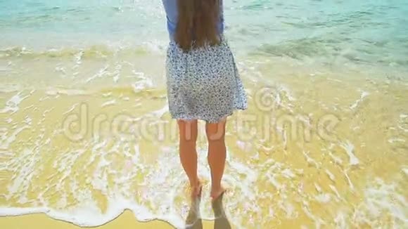 这个年轻的女孩在海边缓慢地举起双手视频的预览图