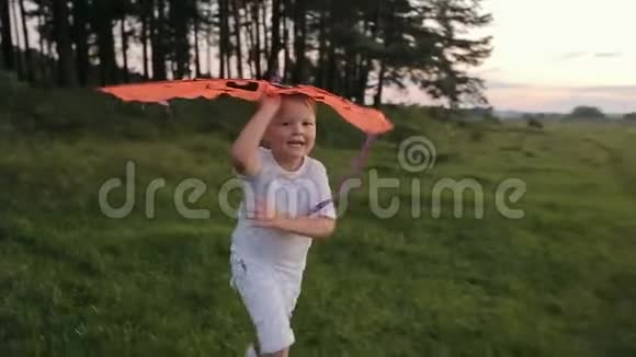 快乐的男孩在附近玩放风筝视频的预览图