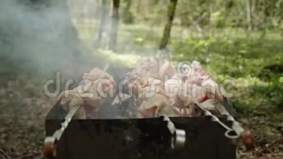 用白色手套将半熟的鸡肉卷在曼格尔的肉串上闭上双手晚饭时间到了野餐视频的预览图