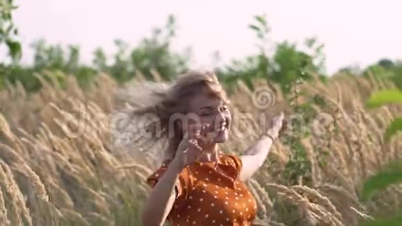 迷人的有趣的嬉皮金发女人在田野在日落时在户外玩得很开心慢动作女性在田里旋转视频的预览图
