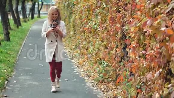 秋天公园散步时使用智能手机的年轻女子视频的预览图