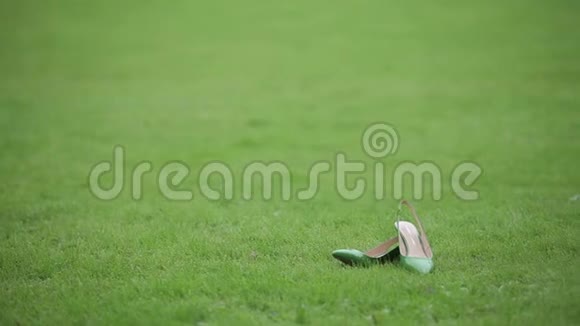 新娘婚礼漂亮的鞋子绿色的鞋子在绿色的田野上uxury跟着特写视频的预览图