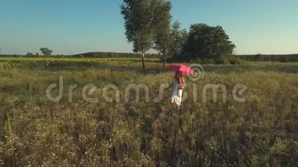快乐的小女孩带着红伞走在草地上视频的预览图