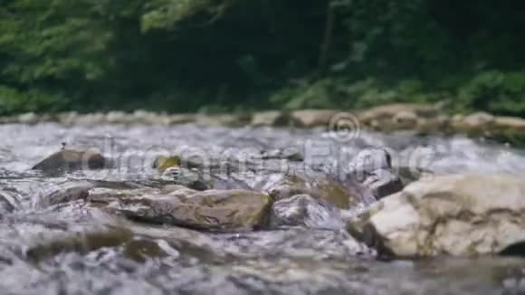 山景中的岩石河中流淌着干净的水流石河视频的预览图