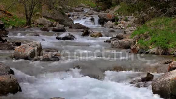 西班牙比利牛斯山脉丰富的河流细节和岩石特写视频的预览图