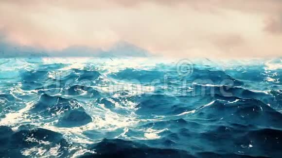 高品质动画的海洋波浪与美丽的山脉背景四处游荡视频的预览图