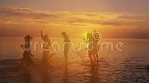 一大群快乐的朋友玩得很开心在夕阳下跳水视频的预览图