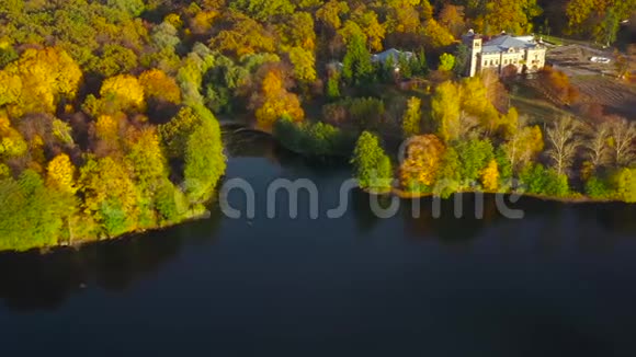 鸟瞰湖面庄园及其岸边的明秋森林森林反映在湖面上视频的预览图