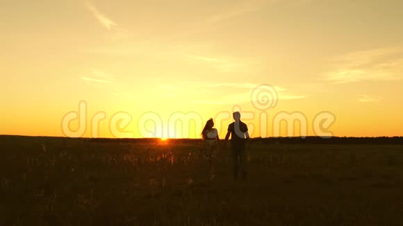 恋爱中的年轻夫妇牵着手穿过田野女孩和男人去看日落幸福的家庭散步视频的预览图