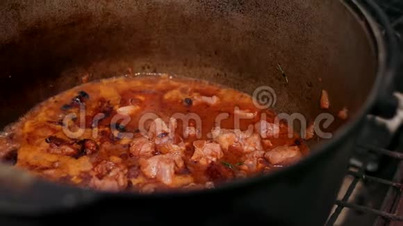 在大的铸铁锅中准备菜肴红的配肉洋葱和其他成分视频的预览图