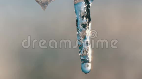 冰柱在春天的阳光下融化水滴沿着融化的冰柱向上流动视频的预览图