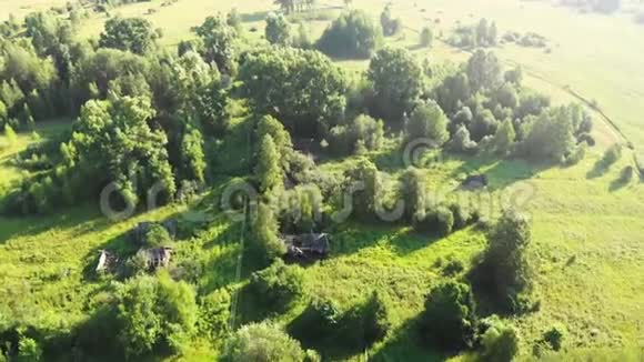 从空中俯瞰被遗弃的村庄和摧毁的木屋夏天是俄罗斯的中间通道视频的预览图