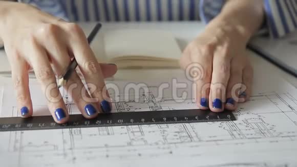 女员工坐在办公室用尺子和铅笔绘制计划视频的预览图