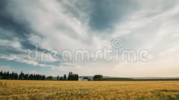 加泰罗尼亚西班牙夏夜天空之上的西班牙农村麦田景观日落时分的黄麦视频的预览图