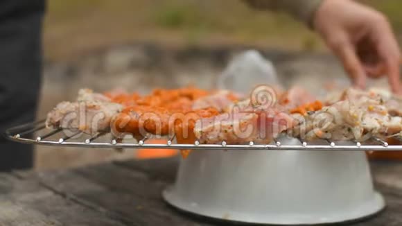什什利克烧烤什什烤肉串肉被放置在曼格尔烤架网格烹饪视频的预览图