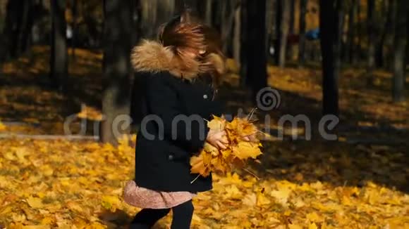 快乐的小女孩扔树叶视频的预览图