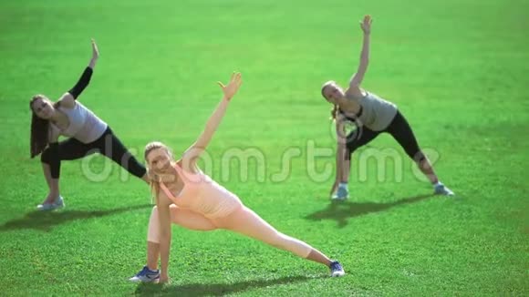 三个身材苗条的运动妇女在草地上做运动视频的预览图