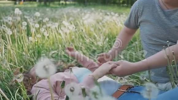 一对浪漫的情侣在夏天的白蒲公英的空地上他们把蒲公英从头发上摇下来相互交流视频的预览图
