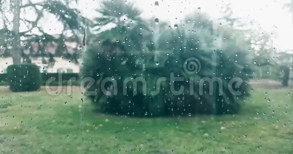 雨滴落在玻璃蓝色背景上水滴落在玻璃玻璃上具有自然性视频的预览图