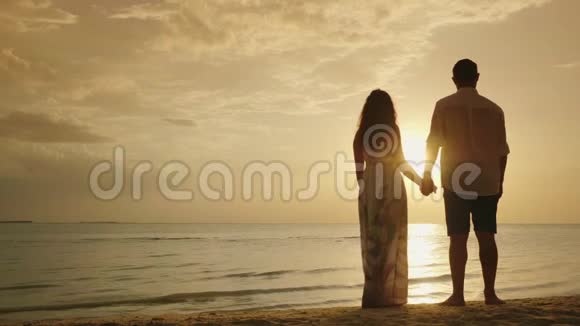 年轻的已婚夫妇牵着手面对大海和日落快乐的蜜月视频的预览图