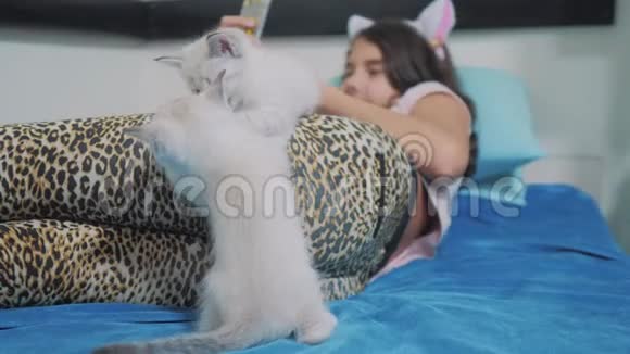 搞笑视频两只小猫在躺在床上的小女孩身上玩2两只小猫的爪子挨着一只视频的预览图