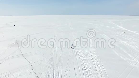 带着雪橇的狗在冰冻的海湾里撒布视频的预览图