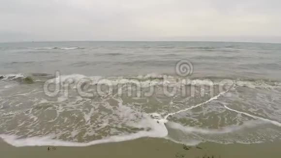 海浪到达海岸美丽的海滩鸟瞰被海藻污染视频的预览图