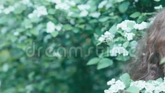 年轻的红发女孩在春天的花朵循环视频的预览图