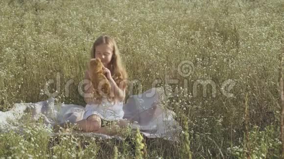 可爱的小女孩在草地上玩玩具熊视频的预览图