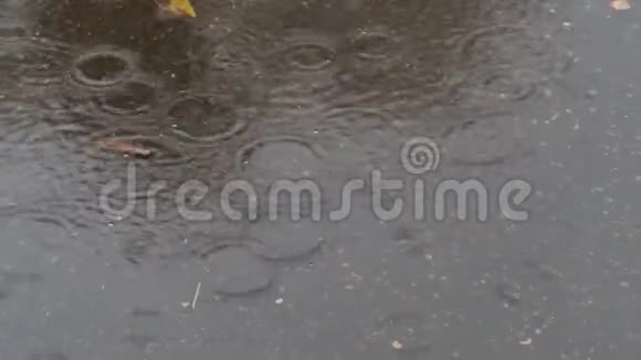雨水落在城市道路上的水坑里视频的预览图