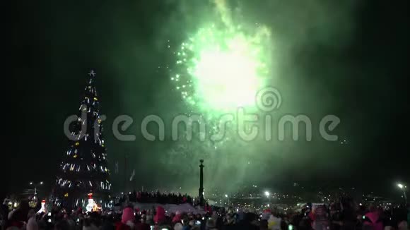 节日的烟火以纪念新年快乐围观烟火的人群视频的预览图