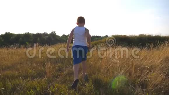 儿童在户外草坪慢跑在阳光明媚的日子里小男孩在草地上奔跑男童视频的预览图