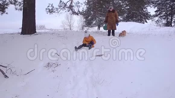 女孩笑着冬天从公园的山上滚来滚去遛狗娱乐和家庭一个快乐的孩子和一只狗在里面视频的预览图