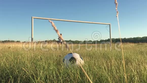 快乐的父亲和女儿在绿茵场上用足球大门打球快乐的家庭踢足球视频的预览图