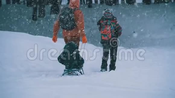 一家人的爸爸妈妈小儿子和女儿骑着雪橇在松树林里下雪慢动作视频的预览图
