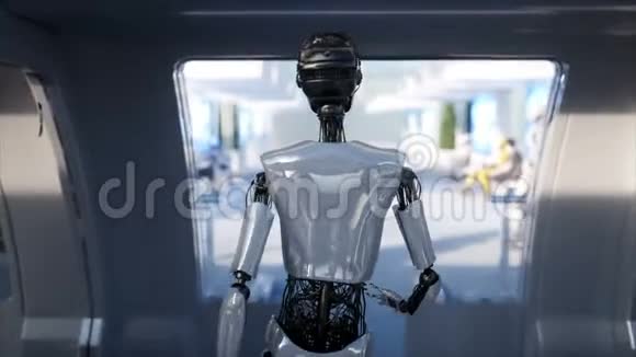 女性机器人行走科幻站未来派单轨运输未来的概念人和机器人现实4K视频的预览图
