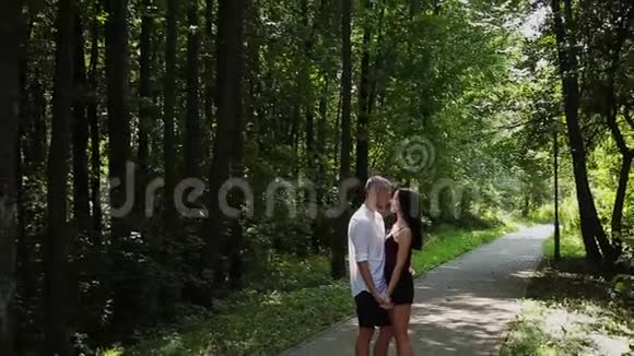 在阳光明媚的一天情侣们拥抱在绿色公园里视频的预览图
