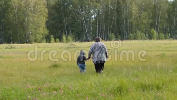 奶奶和孙子在乡下散步视频的预览图
