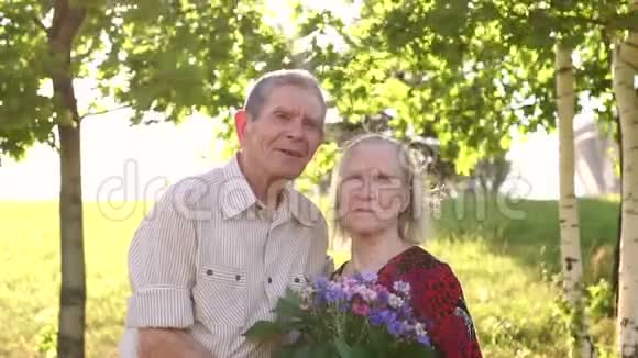 描绘阳光夏日公园的老祖父母视频的预览图