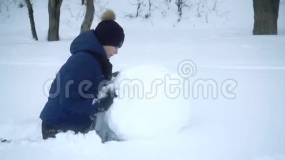 男孩在冬天为雪人滚动大雪球视频的预览图