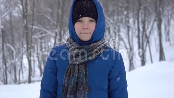 小男孩在冬天的森林里散步视频的预览图